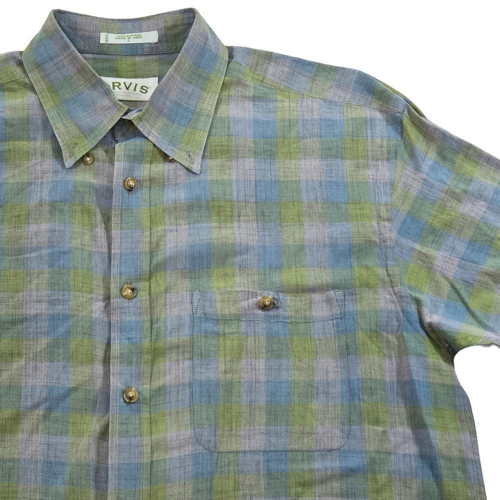 Orvis Mens Plaid Button Down Short Sleeve Casual Shirt Cotton Green Blue L